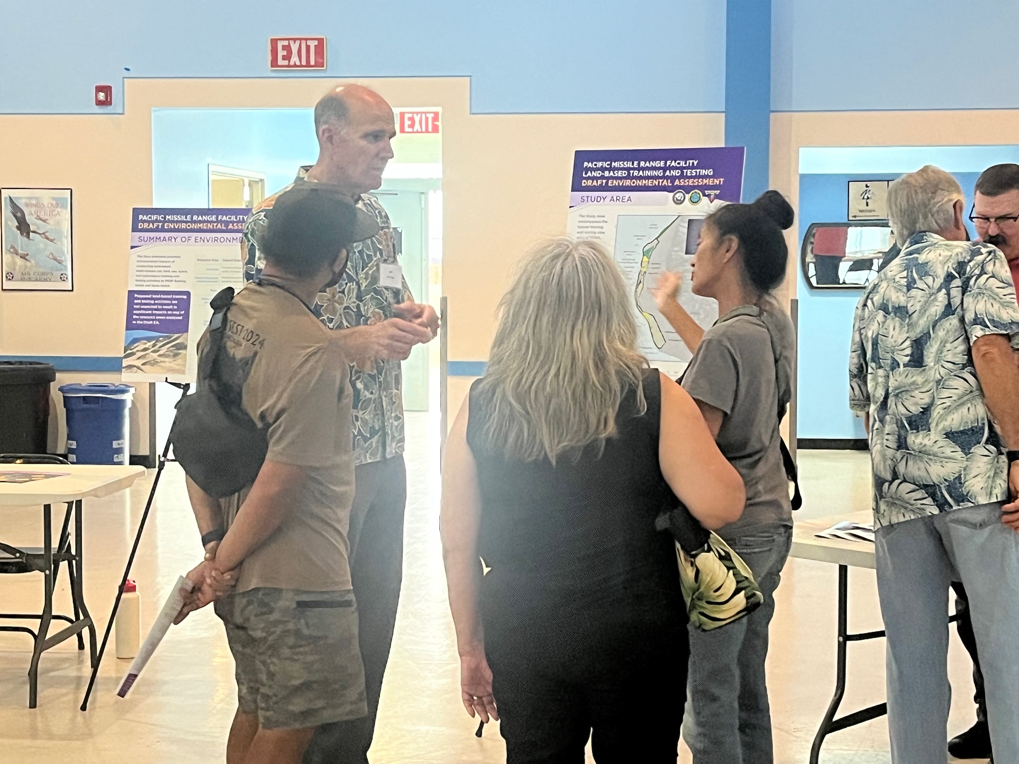 This is an image of the U.S. Navy's public meeting for the Pacific Missile Range Facility Land-Based Training and Testing Draft Environmental Assessment, held in Lihue on Sept. 17, 2024.
